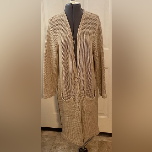 Signature Weekend Cardigan Womens Large Beige Open Knit Long Line Single Button - Picture 2 of 5